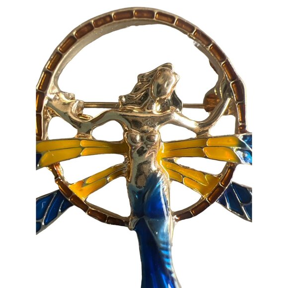 Unique Brooch Enamel Female Double Wings Mermaid Circle Blue Red Gold Tone - Picture 1 of 11